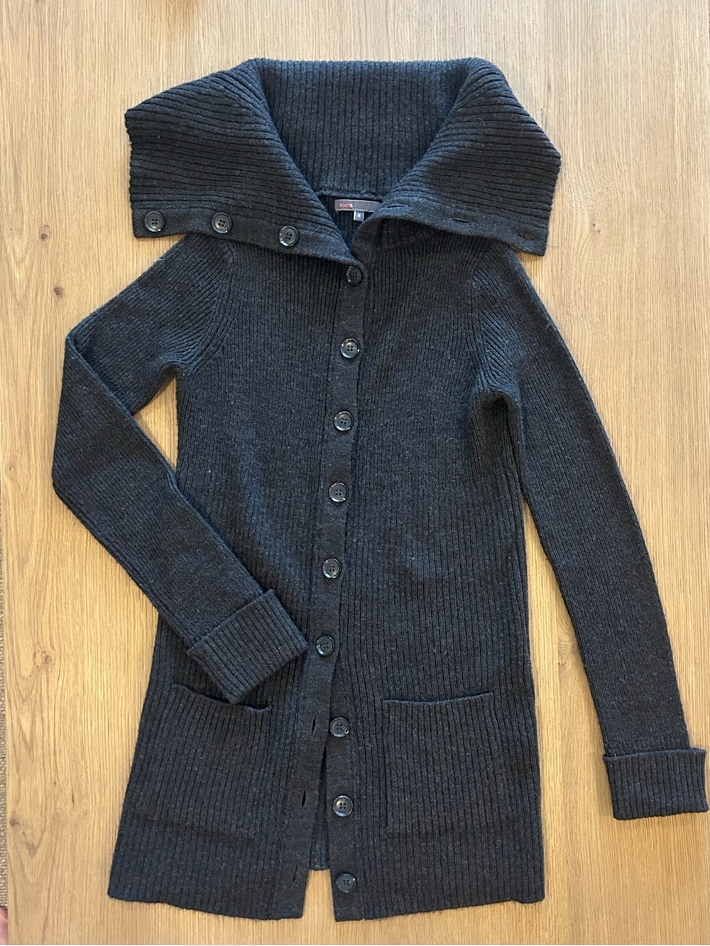 Vince Ribbed Foldover Collar Cardigan